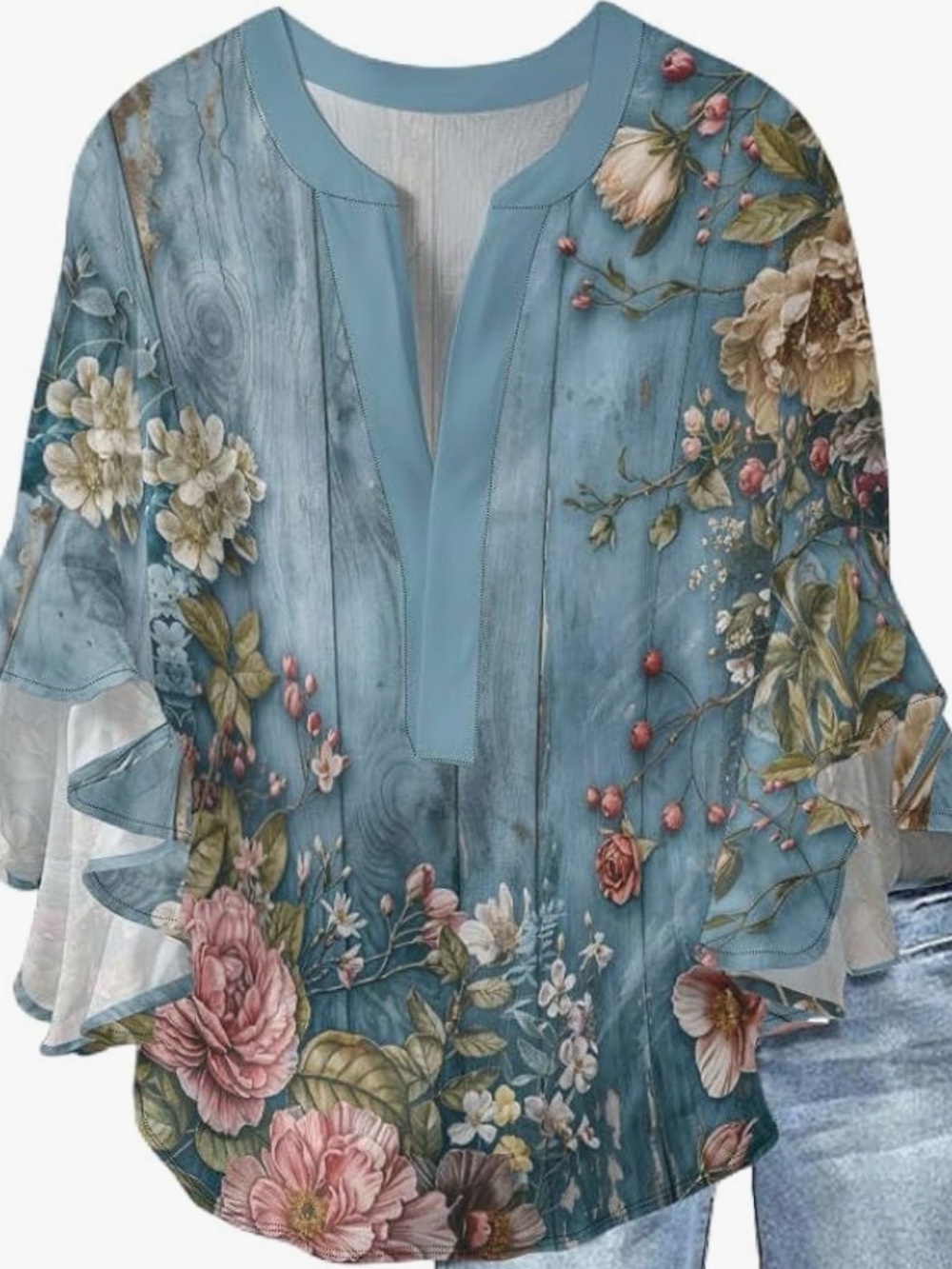 Nupucy Womens Boho Floral V-Neck 3/4 Ruffle Sleeve Blouse New in package